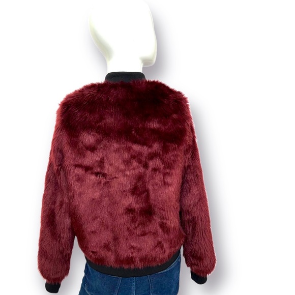 Say What? Women Burgundy Faux Fur Bomber Jacket with Black Rib Knit. NWOT. - Picture 2 of 4